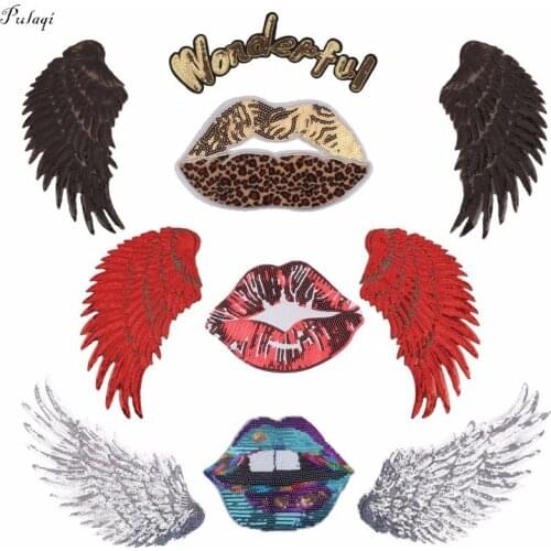 Pulaqi New Sequin Wings Patches Sew On For Clothes Wonderful Lips Patch DIY Applique For Men Women Clothing Decor Acessories F