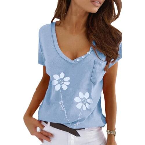 New Stylish Ladies Harajuku T-shirt Samply Floral Print Loose Female Women Wide Button V Neck T-shirt for Daily Streetwear