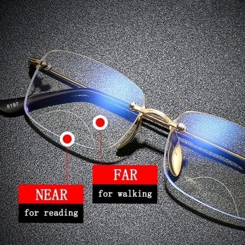Trendy Rimless Bifocal Reading Glasses Men Women Near and Far Anti Blue Light Diamond Cutting Presbyopic Glasses gold