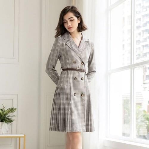 Blazer Women Suit Jacket Long Sleeve Vintage Double Breasted Pleated Midi Dresses Ladies Office Work Wear Elegant Dress