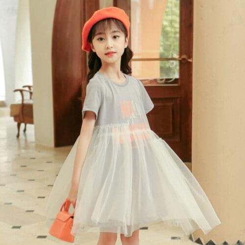 Korean Style Dress For Girls Summer Short Sleeve Fashion Mesh Hem Gowns Kids Outdoor Park Walk Casual Dresses Children Clothes