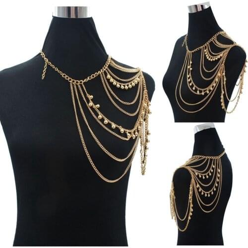 Bodychain necklace shoulder chain golden color free shipping super star pearl bodychain style