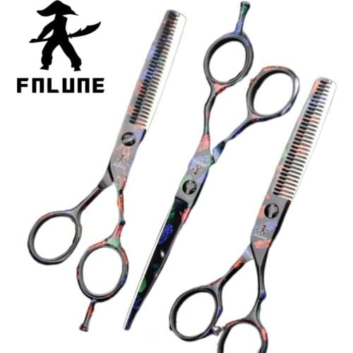 FnLune 6 Inch 9Cr18Mov Black Blue Print Professional Hair Salon Scissors Cut Barber Haircut Thinning Shear Hairdressing Scissors