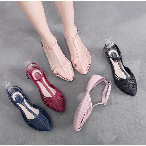 Womens Jelly Shoes Summer Sandals Buckle Ankle Strap Female Flats Shoes Pointed Toe Soft Sole Comfortable Mom Shoes Footwear