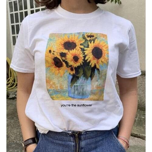 Sunfiz YF You're The Sunflower Sweet White Soft Tshirt Ladies Loose Flower Tees Print Fashion Short Sleeve