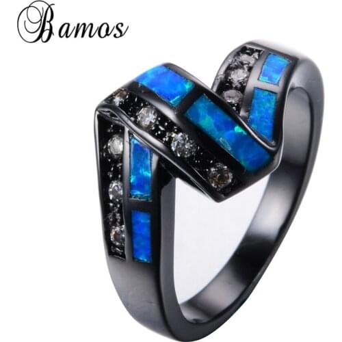 Unique Design Twist Blue Fire Opal Rings For Women Men Black Gold Filled Wedding Party AAA Zircon Stone Ring Bijoux RB0832
