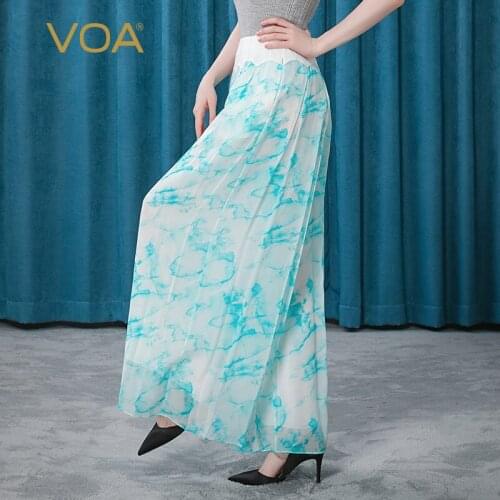 VOA 12m/m silk georgette with waist and open thread decorative zipper diagonal pocket casual elegant ladies wide-leg pants KE172