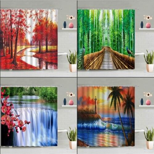 Forest Waterfall Shower Curtain Green Plant Tree Scenery Bathroom Wall Hanging Curtains Waterproof Hook Screen Home Decor Set