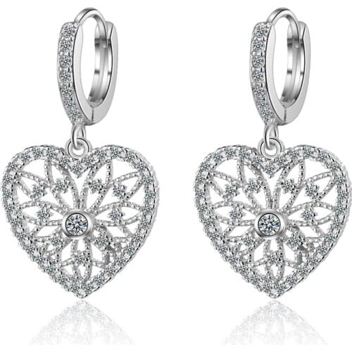 Delicate Female Crystal Earring 925 Sterling Silver Hollow-out Heart Shaped Micro Pave Full Zircon Earring for Women Pendientes