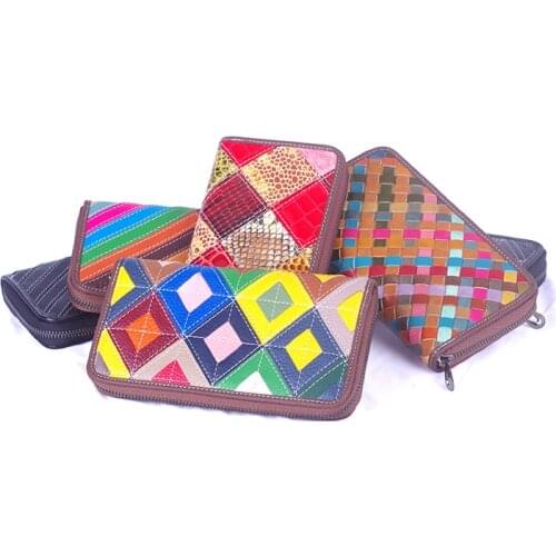 Genuine leather women plaid long zipper purse handmade knit wallet