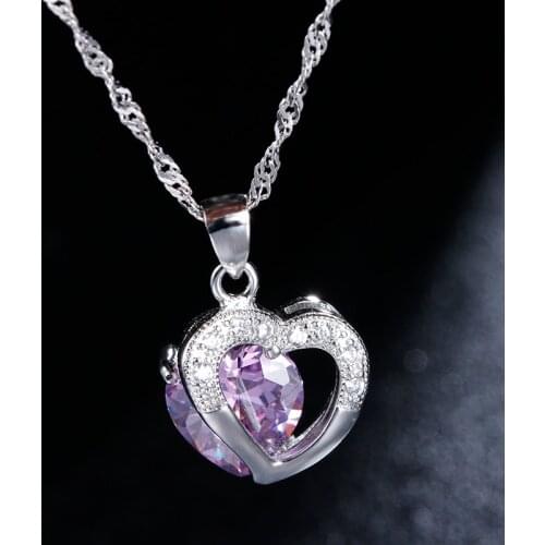 High quality romantic love heart purple crystal women cheap 925 sterling silver ladies`pendant necklaces wholesale jewelry gift