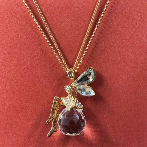 New Elegant Women Crystal Gold Fairy Angel Wing Pendant Necklace Chain Jewellery