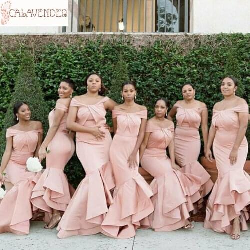 Blush Pink Bridesmaid Dresses Mermaid Off-Shoulder Women Dresses for Party and Wedding Tiered Skirt vestidos de gala