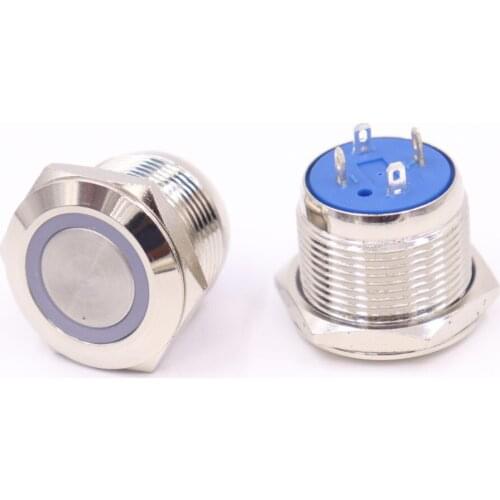 19mm metal push button waterproof nickel plated brass switch flat head Round shape momentary self reset 1NO 12v-24v blue
