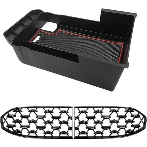 2 Set Car Accessories: 1 Pcs Car Armrest Storage Box & 1 Set Car Front Lower Grille Bumper Grille Cover Decoration