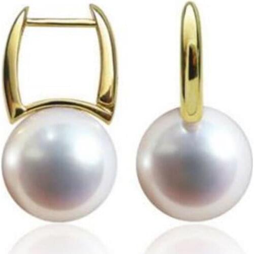 Free shipping>>>>noble jewelry 9-9.5mm Natural White Real Freshwater Pearl Drop Earrings 14K Yellow Gold