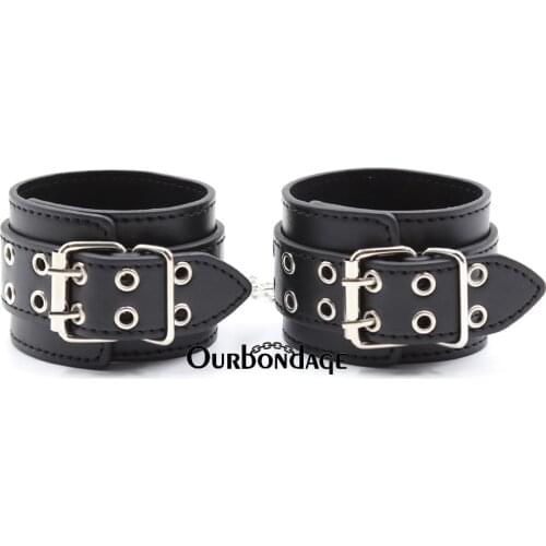 Ourbondage 2 Row Hole PU Leather Black Strap BDSM Fetish Bondage Wrist Ankle Cuffs Restraints For Adult Sex Toy