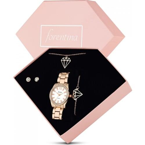 Forentina Rose Elmas Modeli Kolye Küpe Bileklik Saat - Hediye Set PS1895