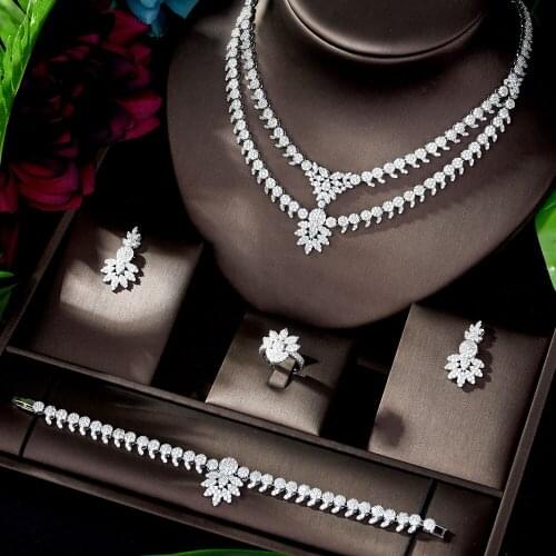 HIBRIDE Two Layer Necklace Earring Ring Bracelet 4PCS Micro CZ Jewelry Set For Women Wedding Jewelry Accessories N-1197