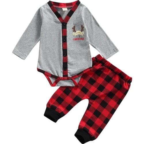 0-18M Newborn Baby Boy Long Sleeve Deer Cotton Bodysuit Tops Plaid Pant Trouser 2PCS Christmas Clothes Set
