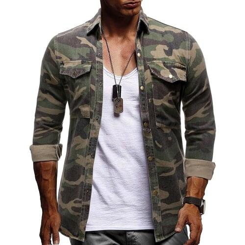 Jacket Camouflage Denim Shirt Breasted Man Spring Autumn Army Green Long Sleeved Denim Loose Shirts Mountaineering Blouse -40