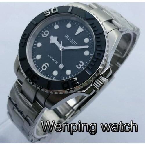 Bliger 40mm Mens Top Casual Luxury Business Watch Sapphire Crystal Ceramic Bezel Black Dial Date NH35 Movement Automatic Watch