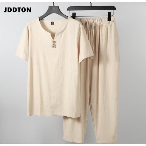JDDTON Men‘s Japanese Clothing Traditional Style Loose Suit Summer Outerwear Comfortable Fashion Casual Male Two-Piece Set JE659