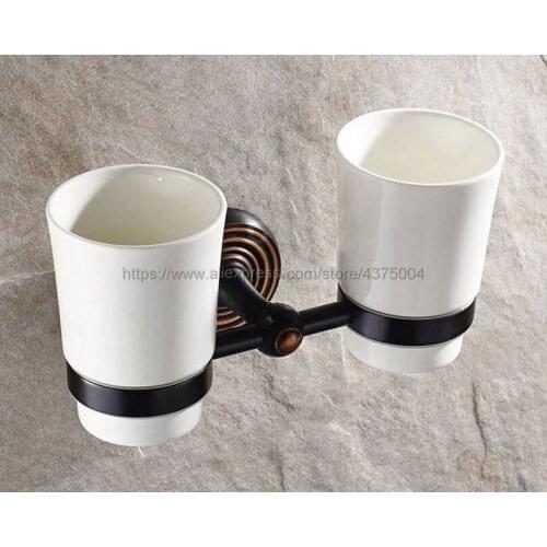 Oil Rubbed Bronze Wall Mounted Dual Cup Holder Toothbrush Holder W/ Two Ceramic Cups Nba118a