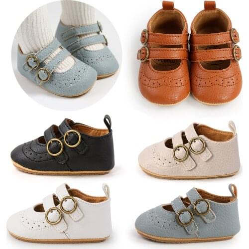 Baby Girls Boys Non-Slip PU First Walking Shoes, Buckle Strap Soft Sole Solid Infant Slip-on Sock Shoes
