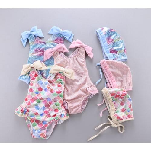 2021 New Baby Girls Swimming Look Summer Rainbow Mermaid Swimwear with Hat Print Toddler Girl Bikini Kids Swimsuit Bathing Suits