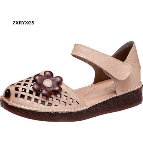 New Cowhide Flowers Fish Mouth Hollow Breathable Shoes Summer Sandals Flat Soft Comfort Mother Sandals Women Leather Sandals