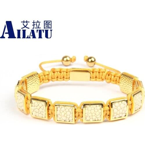 New Luxury Genuine White Stingray Leather Square Beads Macrame Bracelet Top Quality Mens Jewelry Drop Shipping Logo Engrave