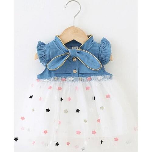 Children Clothing Baby Girls Korean Denim Dresses 2021 Summer Fashion Star Printing Princess Style Flying Short Sleeve Outfit