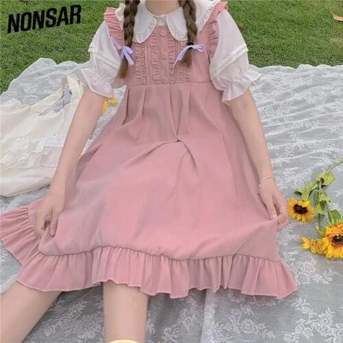 NONSAR Solid Sweet Lolita Dress Female Summer New Sleeveless A-line Dress 2 COLORS Size S-XL