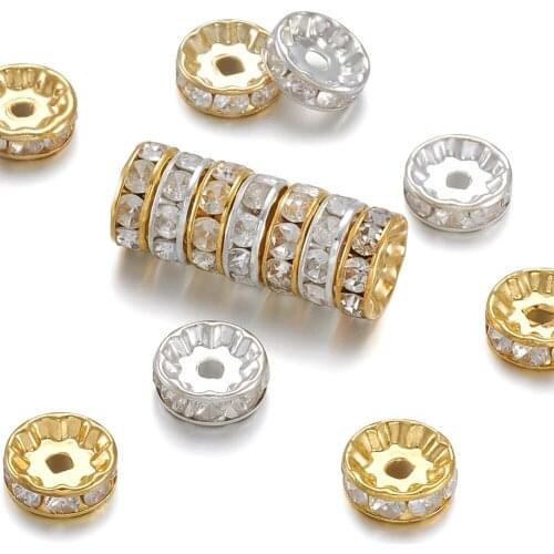 Pandahall Mixed 2 Color 10x4mm Brass Metal Glass Rhinestone Spacer Loose Jewellery Making DIY Accessories Beads Jewelry Findings