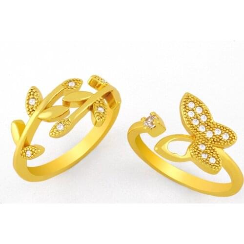 FLOLA Gold Plated Butterfly Open Cuff Rings CZ Pave Olive Tree Branch Finger Ring Cubic Zirconia Wholesale Jewelry Gifts rigk45