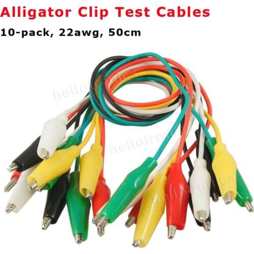 Premium Alligator Clips Test Lead Cables Crocodile Wires 22AWG 50cm 10-Pack (red, white, green, black, yellow, 2 pcs each)