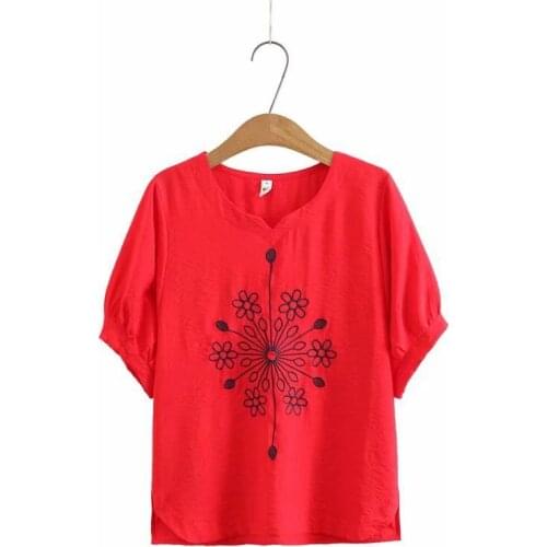Plus Size XL-4XL Womens Short Sleeve Cotton T-Shirts Floral Embroidery A-line Summer Tops Vintage Oversized Tee