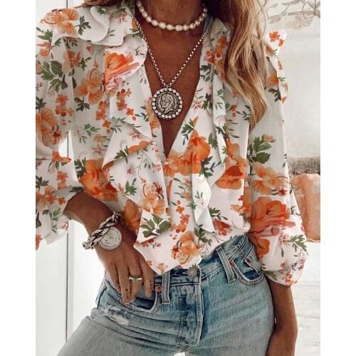 Hirigin Female Shirt Summer Fall Ruffes V Neck Long Sleeve Loose Causal Style Shirt Blouse Women Solid/Print Buttons Tops S-XXXL