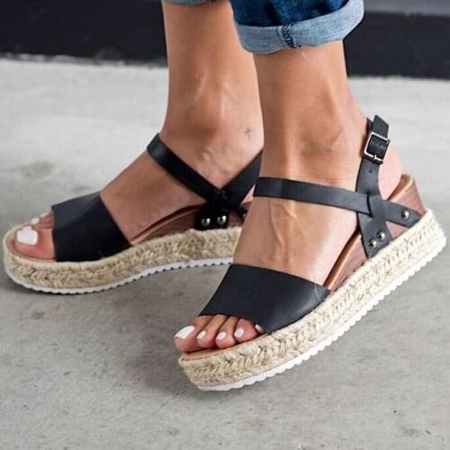 Women Wedges Platform Sandals 2021 Summer Fashion Buckle Strap Retro Peep Toe Sandals Shoes Female Casual Daily Flat Shoes