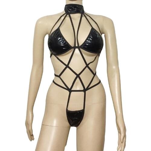 Sexy Women Wet Look One Piece Cage Bra Bodysuit Lingerie G String Back Teddy Swimsuit Fetish Bikini Underwear