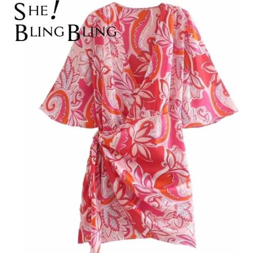 SheBlingBling Fashion V Neck Casual Mini Dresses Women Elegant Loose Printed Dress Women Asymmetrical Short Sleeve Knot Dresses