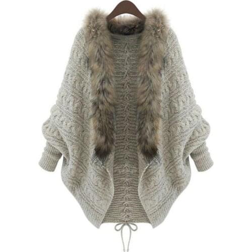 Stylish Bar Winter Jumper Women Loose Fur Collar Sweater Batwing Long Sleeve Ladies Bat Sleeve Knitten Cardigan Scarf Sweaters