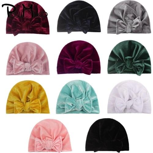 Powmuco 17.5*13.5 CM Super Soft Velvet Baby Girls Hats Solid Color Handmade Bowknot Caps Knotted Headwear Kids Photography Props
