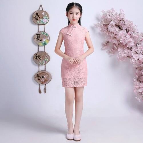 Wedding Dress Girls qipao Summer Lace cheongsam Dress Cute Princess Girls Embroidery Dresses Kids Party Short Sleeve Evening