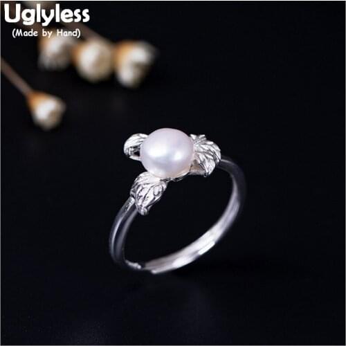 Uglyless 100% Real Natural Pearls Rings for Women Solid 925 Sterling Silver Leaf Open Rings Semiround Pearls Flower Fine Jewelry