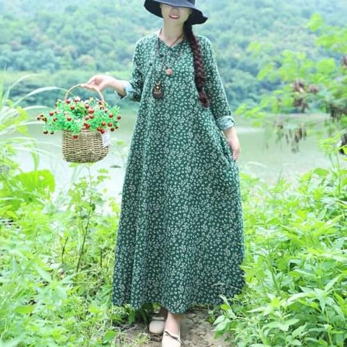 EaseHut Vintage Women Floral Dress Blossom Print Swing Long Sleeve Cheongsam Mandarin Robe Gown Maxi One-Piece Vestidos Mujer