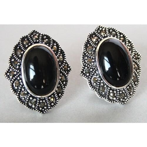 VINTAGE 925 NATURAL BLACK Natural Stone MARCASITE EARRINGS 1" Natural bread big earringsWomen Party, Factory wholesale price