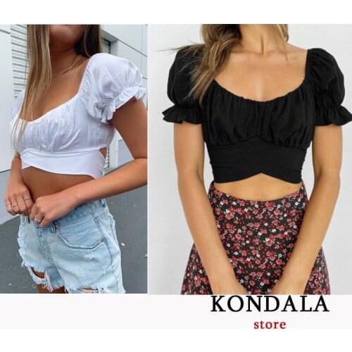 KONDALA Women Blouse Za 2020 Solid Black White Streetwaer Bow Tie Blouse Short Sleeve Square Collar Women Shirt Fashion Tops