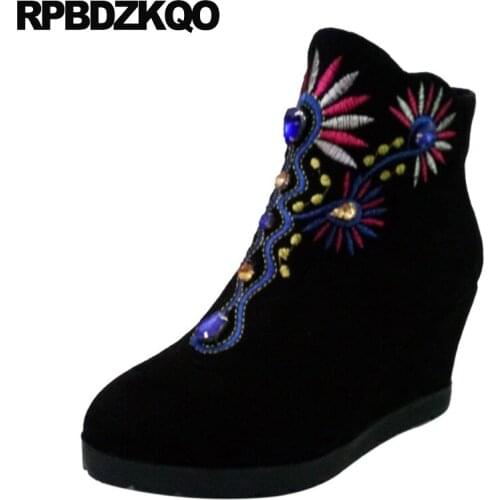 Women Ankle Boots 2016 Round Toe Embroidered 2017 Platform Suede Ladies High Heel Size 34 Fall Black Autumn Booties Shoes